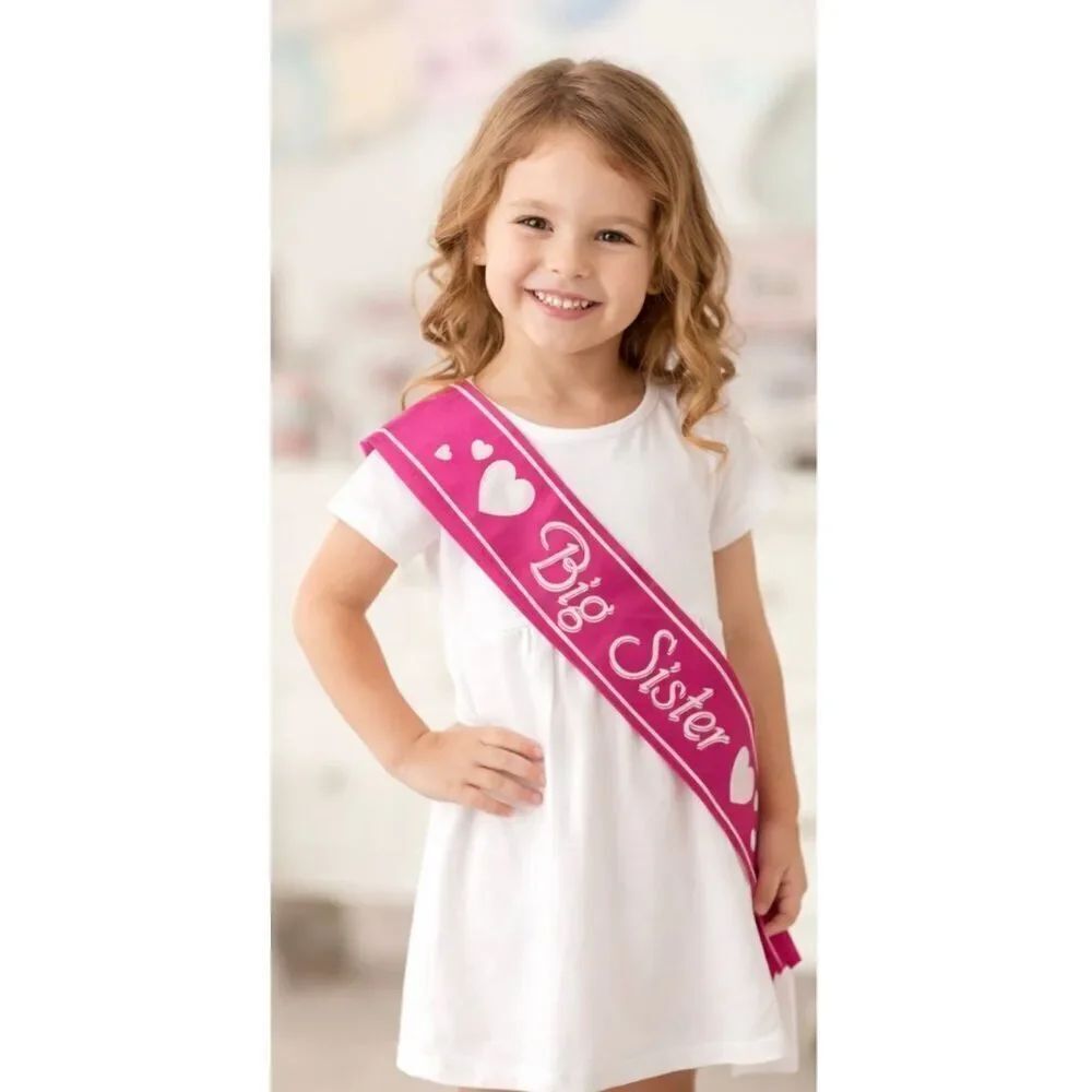 Big Sister Pink Satin Sash Heart Print Party Celebration Accessory